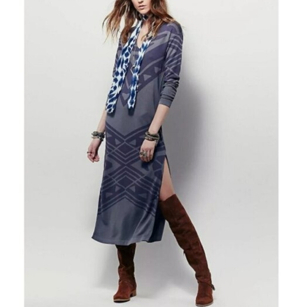 Free People Bauhaus Swit Maxi Dress V Neck Long Sleeve Slits Knit Gray Med NWT
